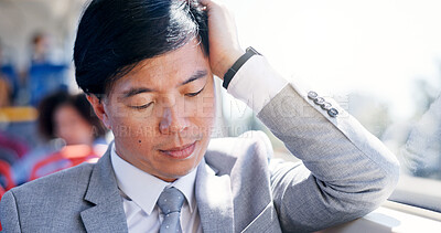 Buy stock photo Business, commute and tired with Asian man on bus for public transportation to work destination. Fatigue, sleepy and travel with exhausted employee on coach or shuttle for morning journey to job