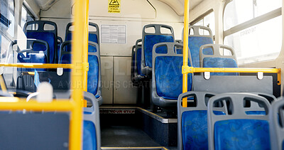 Buy stock photo Public, empty bus and transportation for travel, urban trip and ergonomic seats. Coach cabin, transit service and interior of metro for tourism, commute and journey in vehicle with glass window