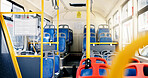 Travel, empty bus and public transportation with seats for commute, trip and urban excursion. Coach cabin, transit service and interior of metro for tourism or journey in vehicle with glass window