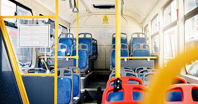 Buy stock photo Travel, empty bus and public transportation with seats for commute, trip and urban excursion. Coach cabin, transit service and interior of metro for tourism or journey in vehicle with glass window