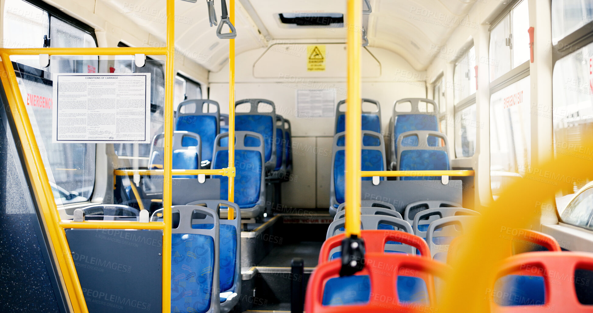 Buy stock photo Travel, empty bus and public transportation with seats for commute, trip and urban excursion. Coach cabin, transit service and interior of metro for tourism or journey in vehicle with glass window