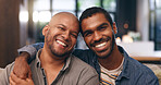Sofa, gay couple and portrait with hug, smile and love for bonding in house. Happy partner, living room and lgbt pride with marriage together in home lounge with queer romance and relationship care