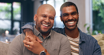 Buy stock photo Home, gay couple and portrait with hug, smile and love for bonding in living room. Happy partner, sofa and lgbt pride with marriage together in house lounge with queer romance and relationship care