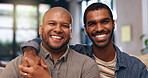 Living room, gay couple and portrait with hug, smile and love for bonding in house. Happy partner, sofa and lgbt pride with marriage together in home lounge with queer romance and relationship care