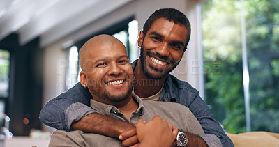 Buy stock photo Couch, gay couple and portrait with hug, smile and love for bonding in house. Happy people, living room and lgbt pride with marriage together in home lounge with queer romance and relationship care