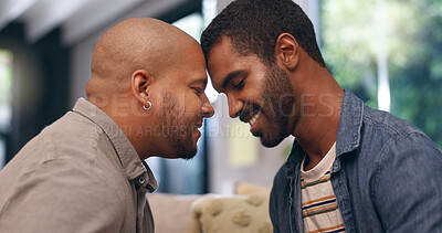 Buy stock photo House, gay couple and men with smile, love or romantic relationship for bonding in living room. Forehead, lgbt pride or people in marriage together in home lounge with queer partner, trust and care