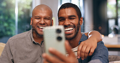 Buy stock photo Gay, laughing or happy couple on video call in home together for bonding, relationship or love. Virtual chat, lgbtq or queer men with smile or funny joke on mobile app for social media, hug or selfie