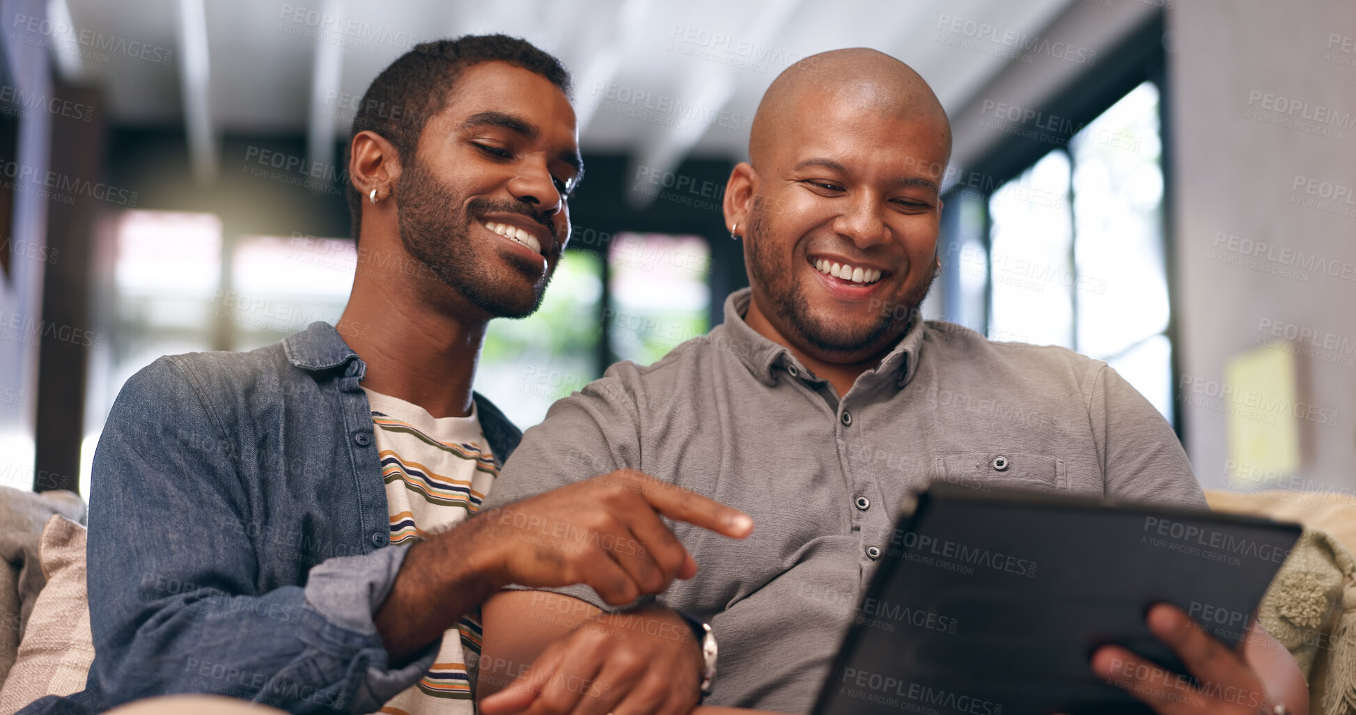 Buy stock photo House, gay couple or men with tablet, love or smile for renovation blog research in living room. Choice, lgbtq or happy people on technology together in home with queer partner for interior design