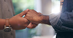 Relationship, holding hands and gay couple with love, people and date with romantic support or marriage. Queer, men and closeup with trust, hope and relax with empathy, home and lgbtq with respect