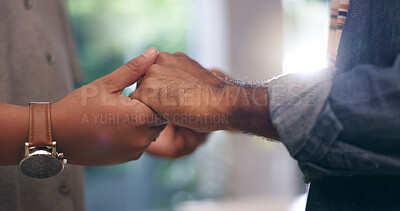 Buy stock photo Relationship, holding hands and couple with love, people and date with romantic support or marriage. Person, security and closeup with trust, hope and relax for empathy, home and respect or care