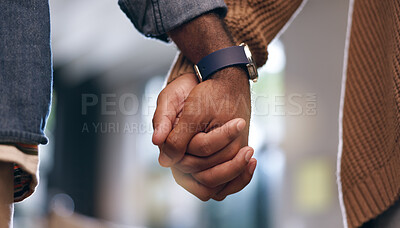 Buy stock photo Relationship, holding hands and couple with support, people and date with romantic love or marriage. Person, security and closeup with trust, hope and relax for empathy, home and respect or care
