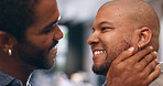 Gay couple, romance and smile in home with happiness for love and flirting in living room. Dating, touch and LGBTQ partner with intimate conversation, trust and relax together for weekend or vacation