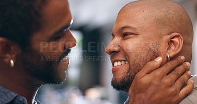 Buy stock photo Gay couple, romance and smile in home with happiness for love and flirting in living room. Dating, touch and LGBTQ partner with conversation, trust and relax together for weekend support in lounge