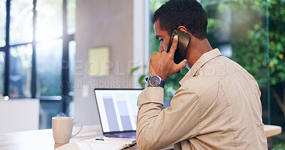 Buy stock photo Phone call, remote work and chart with man and laptop for planning, client feedback or communication. Review graphs, freelancer and network with person at home for discussion, consulting or online