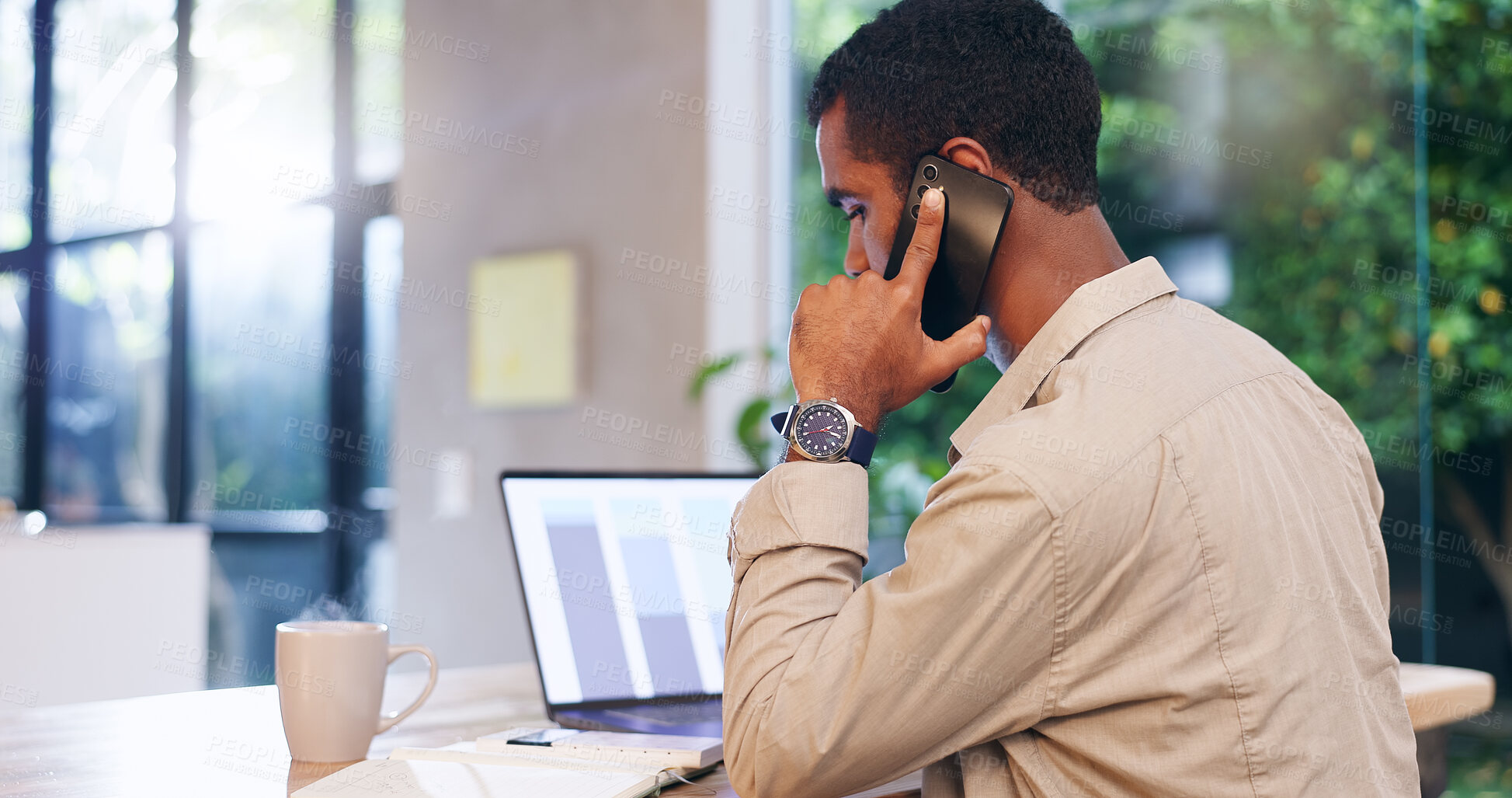 Buy stock photo Phone call, remote work and chart with man and laptop for planning, client feedback or communication. Review graphs, freelancer and network with person at home for discussion, consulting or online