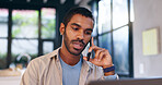 Phone call, laptop and remote work with black man in kitchen for research, client feedback or communication. Review, freelancer and networking with person at home for discussion, consulting or online