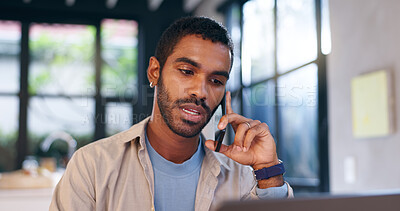 Buy stock photo Phone call, laptop and remote work with man in kitchen for research, client feedback or communication. Review, freelancer and networking with person at home for discussion, consulting or online