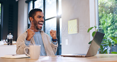 Buy stock photo Success, man and celebration with laptop in home for publication approval, article feedback and achievement. Remote work, journalist and victory fist for positive editor email and story recognition