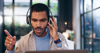Buy stock photo Streaming, headphones and laptop with black man at home for music playlist, audio editing software and track mixing. Subscription, songs and entertainment with person in apartment for dj recording