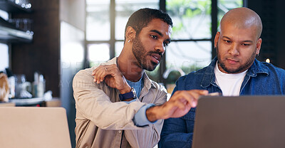 Buy stock photo Business, men and talk with laptop in office for budget planning, financial report and staff training. People, explaining and online for research advice, accounting website and feedback of investment