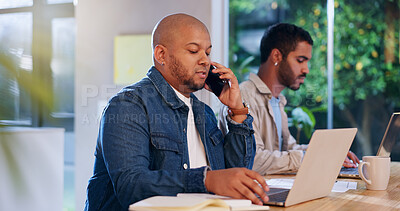 Buy stock photo Partner, man and remote work with laptop or phone call in home for research, client feedback or communication. Coworking, freelancer and people networking for discussion, consulting or online service