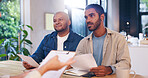 Business, men and lawyer with document in office for planning, finance report and legal advice. People, attorney and consulting with paperwork for settlement, review contract and financial agreement