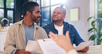 Buy stock photo Happy, men and lawyer with document in office for planning, finance report and legal advice. People, attorney and consultation with paperwork for settlement, review contract and financial agreement
