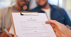 Hands, lawyer and document for consultation with men for deal, partnership agreement and legal process. People, paperwork and recruitment form for information, compliance and negotiation of b2b offer