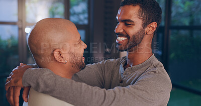 Buy stock photo House, hug and gay couple with dance, smile and happy with relationship and romance or support. Night, apartment and queer people with lgbtq, bonding and marriage for commitment or late love emotion