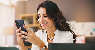 Buy stock photo Smile, phone and remote worker with woman in home office for research, communication and reading. Mature freelancer, online review and networking with person in living room for entrepreneur feedback