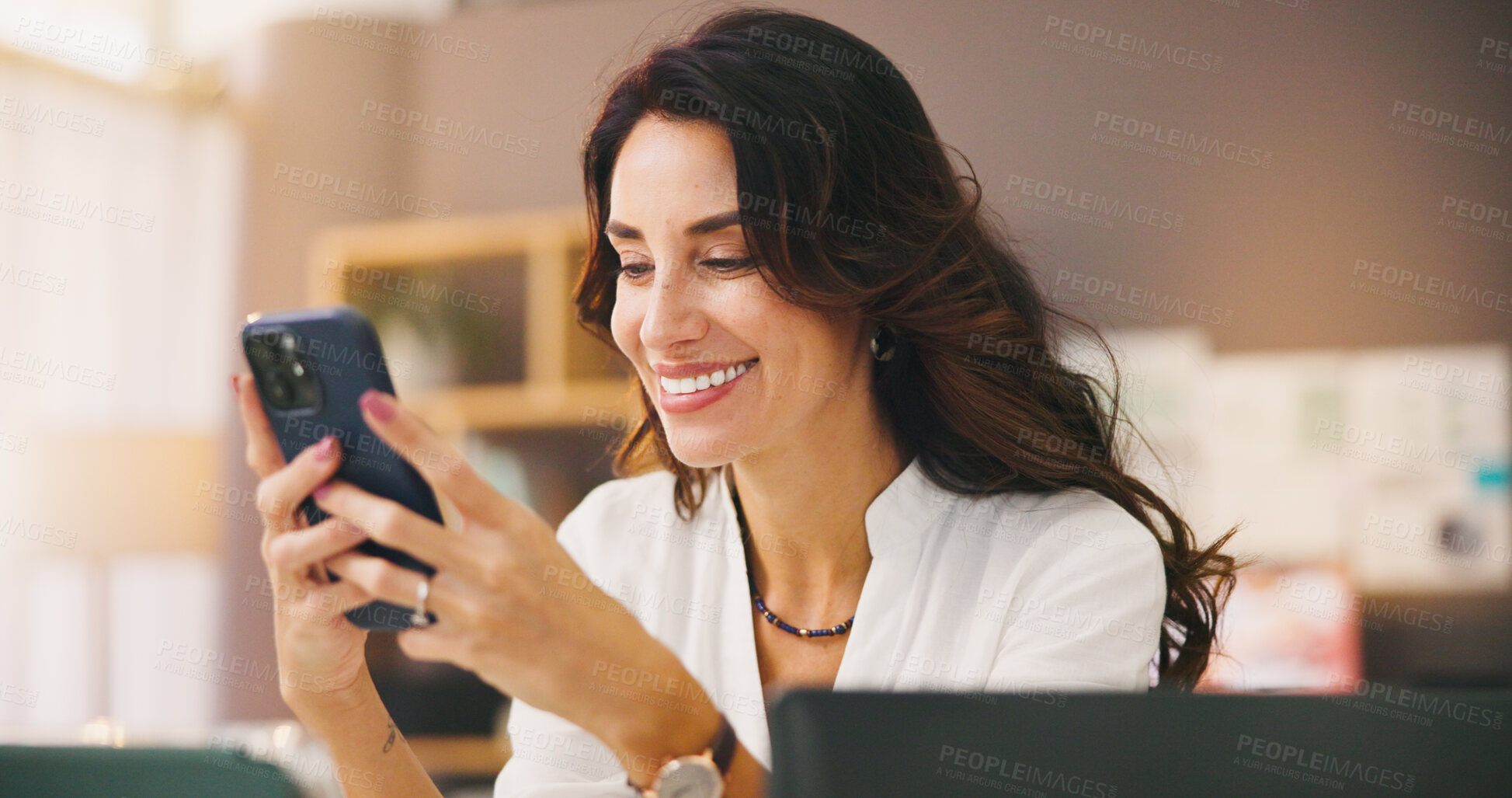 Buy stock photo Smile, phone and remote worker with woman in home office for research, communication and reading. Mature freelancer, online review and networking with person in living room for entrepreneur feedback
