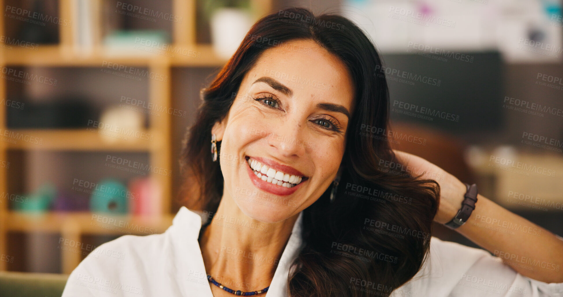 Buy stock photo Portrait, relax and woman with smile, home and chilling in living room, break and happiness in apartment. House, resting and person with joy in lounge, comfortable and calm in morning or Canada