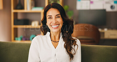 Buy stock photo Portrait, home office and woman on sofa, smile and confidence with career ambition, creative decor and freelance. Happy, mature person and entrepreneur with pride, professional and interior designer