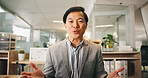 Business, portrait or Asian man in office, video call or communication with online meeting for financial advice. Person, employee or accountant with conversation or seminar for investment opportunity