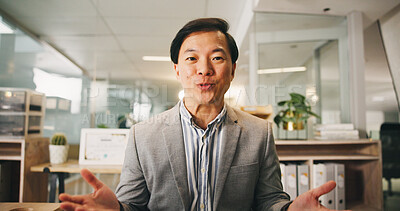 Buy stock photo Business, portrait or Asian man in office, video call or communication with online meeting for financial advice. Person, employee or accountant with conversation or seminar for investment opportunity