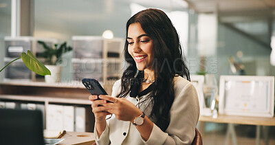 Buy stock photo Smile, phone and typing with business woman in office for news editor, source contact and fact check. Review, communication and journalist with person in media agency for interview appointment