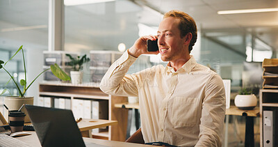 Buy stock photo Business, phone call and man in office, smile and communication with financial advice. Laptop, employee and accountant in workplace, cellphone or conversation with schedule for tax review or feedback