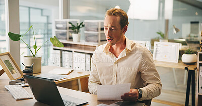 Buy stock photo Laptop, business man and video call with paperwork for accounting, bookkeeping and budget. Computer, document and worker in virtual chat for audit, financial report and online communication in office