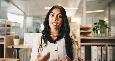 Buy stock photo Business, portrait and woman in office, video call and communication with seminar for financial advice. Person, employee or accountant with conversation, talk or conference for investment opportunity