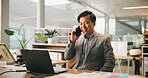 Business, phone call and Asian man with laptop, smile and communication with financial advice. Pc, employee and accountant in office, cellphone or conversation with tax review, talking or feedback