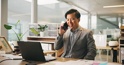 Buy stock photo Business, phone call and Asian man with laptop, smile and communication with financial advice. Pc, employee and accountant in office, cellphone or conversation with tax review, talking or feedback