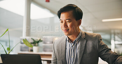Buy stock photo Man, smile and laptop in office for business, feedback or connectivity for networking. Mature Asian accountant, reading and tech in workplace for tax compliance, review or website for income filing