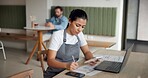 Coffee shop, finance and woman on laptop in cafe for menu items, inventory and order checklist. Restaurant, hospitality and owner on computer with calculator for internet, budget and financial review