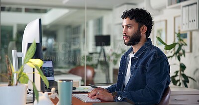 Buy stock photo Man, computer and typing in office for business, website development or feedback in email. Software developer, reading or tech in agency for project management, update program or research on internet