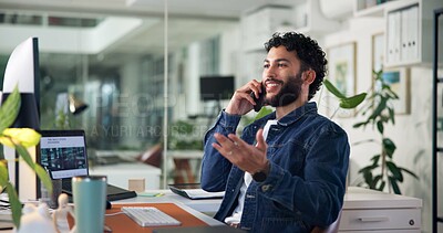 Buy stock photo Man, computer and phone call in office for business, finance negotiation and smile for economic growth. Trader, happy and tech in agency for communication, news update and stock exchange information