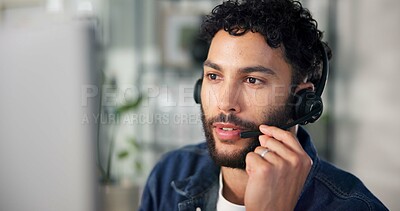 Buy stock photo Man, headset and mic with computer at call center for contact us, sales consultant and customer service. Male person, desktop and advisor for client help, advisory and questions for online procedure