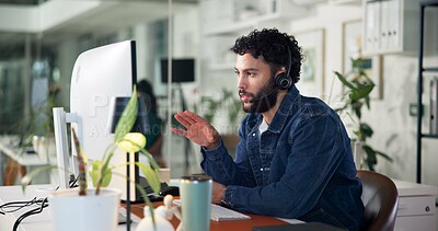 Buy stock photo Office, businessman and consultant with computer for headset, customer information and telemarketing. Call center, male person and agent with digital for sales feedback, report or help with questions