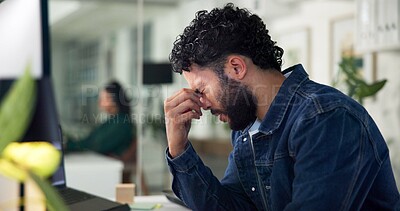 Buy stock photo Man, headache or pain in office for burnout, overworked and deadline stress at creative agency. Pressure, migraine and overwhelmed with design project fail, business crisis or mistake with brain fog