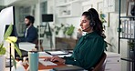 Office, businesswoman and consultant with computer for headset, customer information and telemarketing. Call center, female person and agent with digital for sales feedback, report review or research