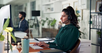 Buy stock photo Office, businesswoman and consultant with computer for headset, customer information and telemarketing. Call center, female person and agent with digital for sales feedback, report review or research